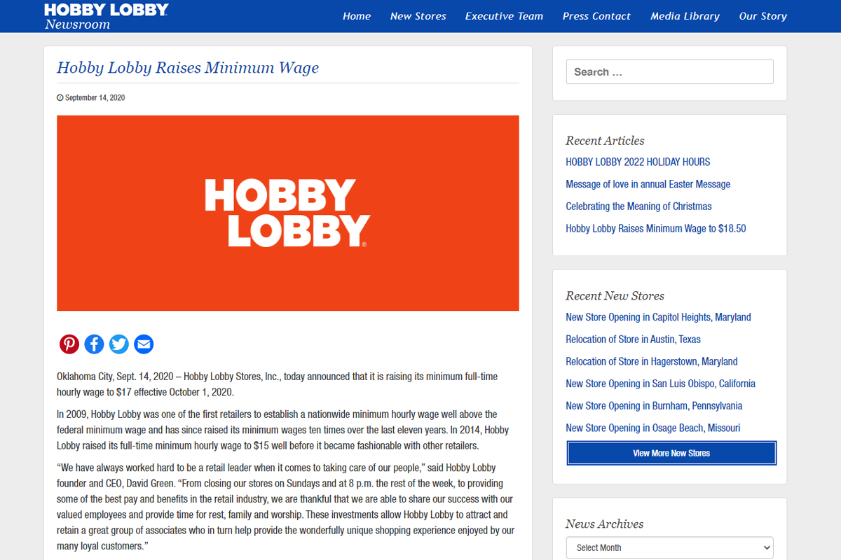 Hobby Lobby Press Release