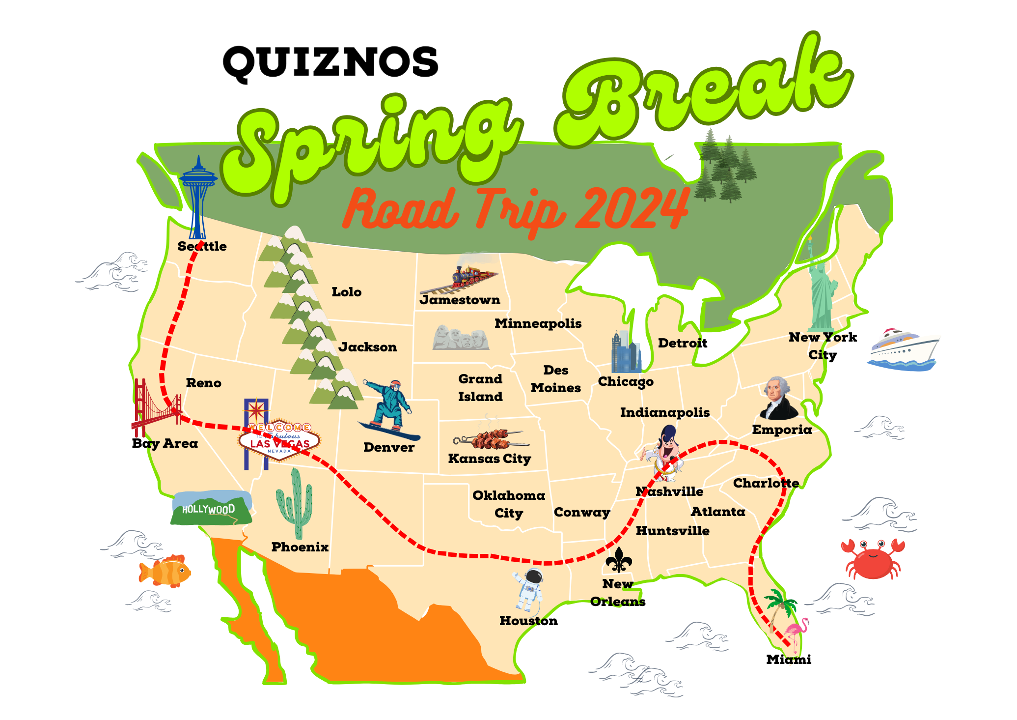 Quiznos awarding $5,000 to the Spring Break road tripper who snaps up the most subs